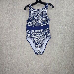 Chaps Womens Floral One-Piece Swimsuit Size 10 Blue & White